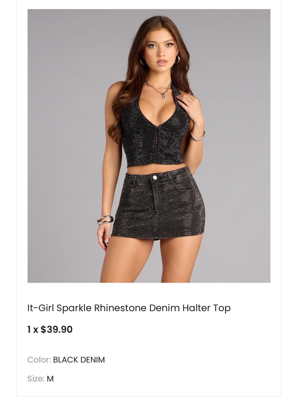 Windsor Black Sparkle Rhinestone Denim Halter Camisole